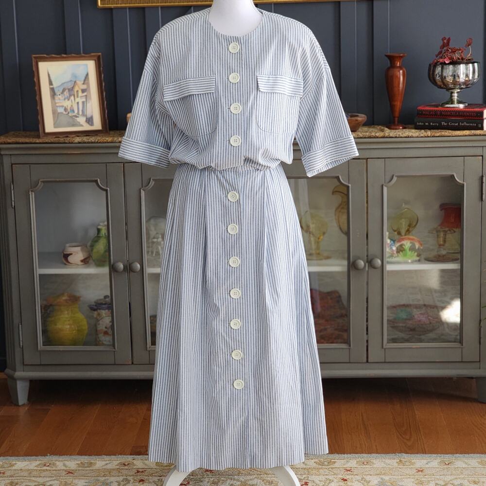 Vintage Coastal Grandma Blue & White Stripe Cotton Maxi Dress Size 12